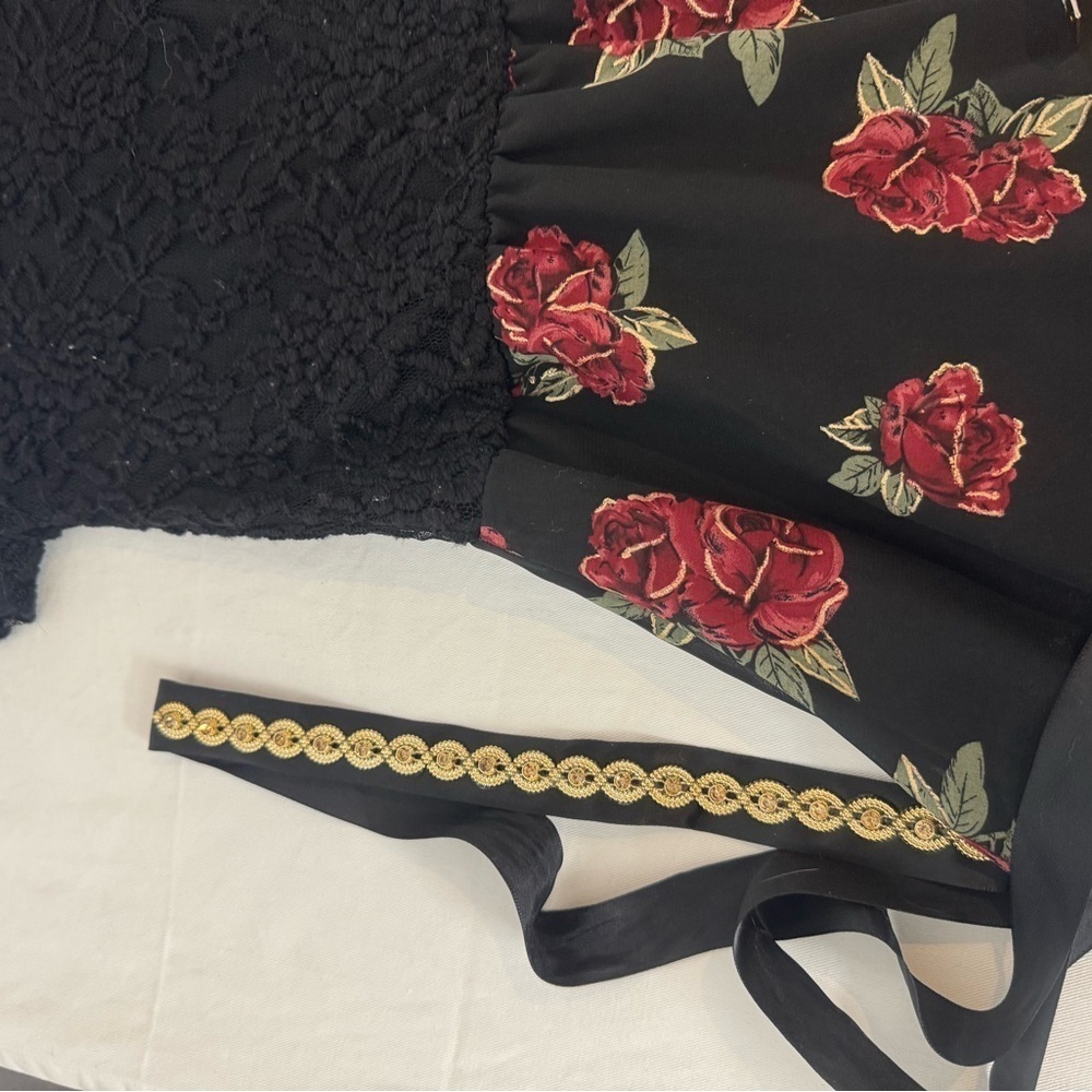 Girls Fall Dress Black And Red Rose Drop Tail Belt Short Sleeve Prom Lay… - Picture 10 of 12